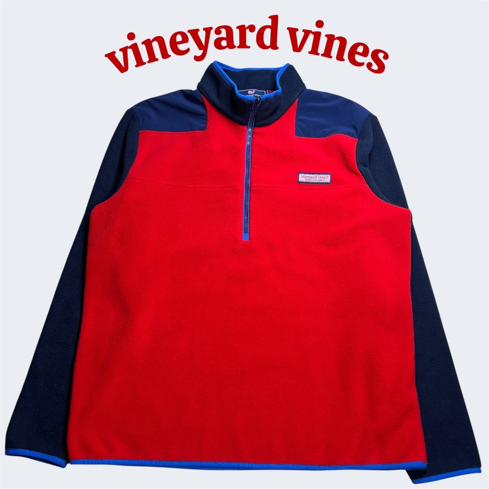 Vineyard Vines Mens Fleece Quarter Zip Pullover Red Blue Color Block